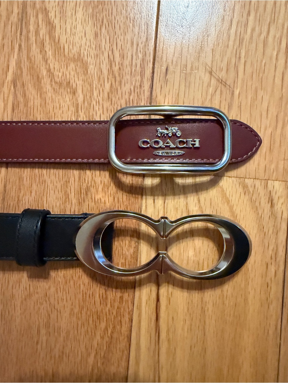 Coach Two-Belt Set in Burgundy and Black with Gold-Tone Buckles